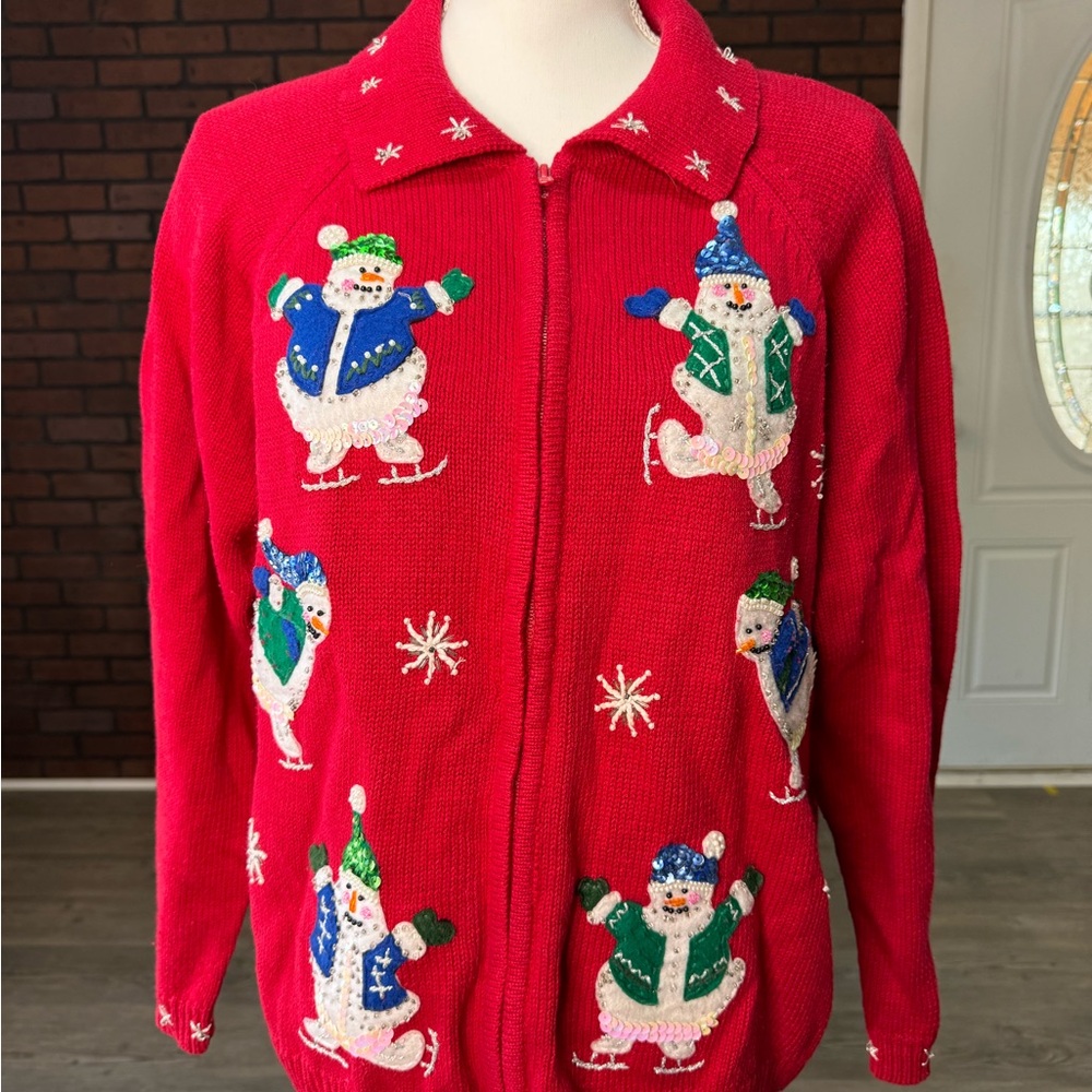 Heirloom Collectibles Red Snowman Sequin Christmas Zip Sweater‎ L Ramie Cotton